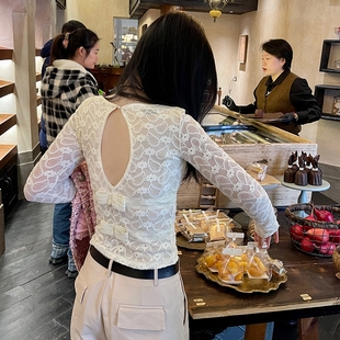 蕾丝上衣女气质打底衫 长袖 后背镂空蝴蝶结双层不透薄款 heidy海蒂