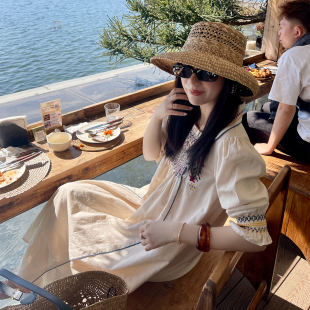 heidy海蒂 领连衣裙娃娃长裙 安德利田园复古亚麻棉双工艺刺绣衬衫