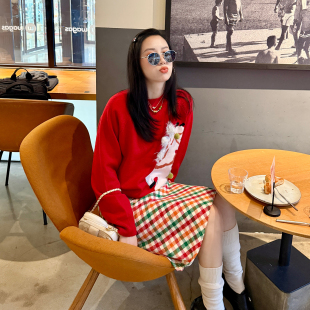 纹半身裙女 鸿运小马红色毛衣女套组谬风格 heidy海蒂 新年特辑