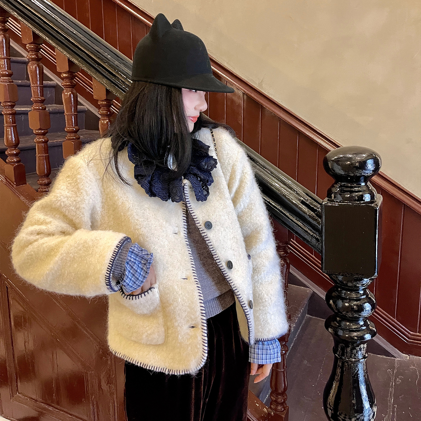 heidy海蒂白色毛呢外套羊毛