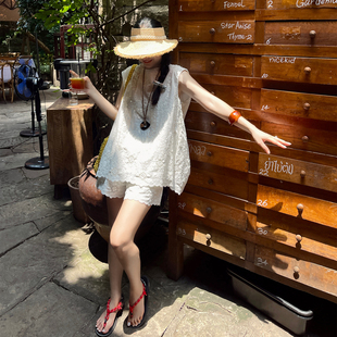 heidy海蒂 quan棉府绸满幅刺绣三件套无袖娃娃上衣宽松短裤9分裤