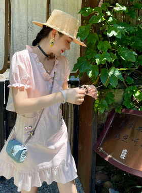 heidy海蒂 亚麻棉舒适夏日粉色V领收腰连衣裙斯家彩钻花朵短裙子