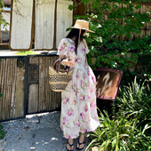 heidy海蒂 45天丝55苎麻活性印花刺绣边收腰玫瑰连衣裙法式 长裙子