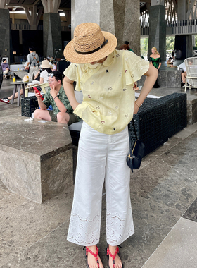 heidy海蒂 夏日白牛 轻薄款100棉定位刺绣阔腿裤9分白色牛仔裤女