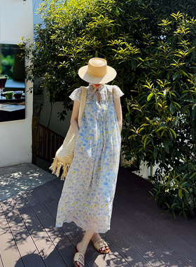 heidy海蒂 度假柠檬 压条蕾丝边100苎麻印花连衣裙系绳飞袖长裙子
