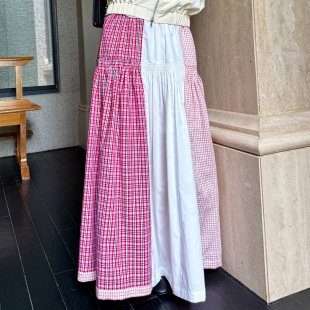 新款 红色格纹拼接半身裙女2026春季 显瘦长裙子 康斯坦 heidy海蒂