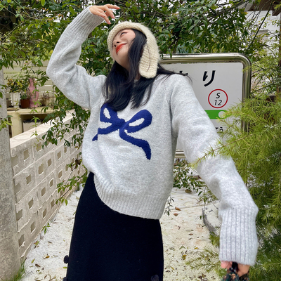 heidy海蒂花灰色圆领毛衣套头