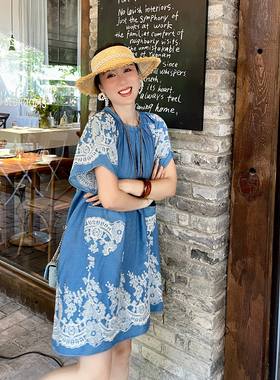 heidy海蒂 quan棉牛仔洗水大面积刺绣娃娃连衣裙夏新款刺绣短裙