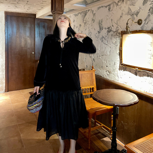 heidy海蒂 鎏金晚宴 黑色丝绒长袖连衣裙吊坠宽松拼接内搭长裙子