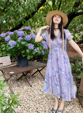 HEIDY夏季芋泥紫苎麻碎花连衣裙