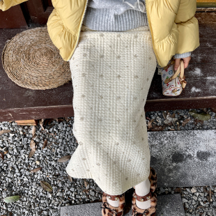 heidy海蒂 工艺夹棉丝绒钉珠精致秋冬长半裙白色直筒厚内搭裙子