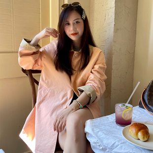 heidy海蒂 落日橘 卡其拼色双面穿中长款风衣女廓形通勤长外套女