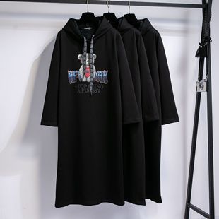 冬天加绒连帽长款过膝卫衣胖女生300斤连衣裙女加厚休闲卫衣长裙