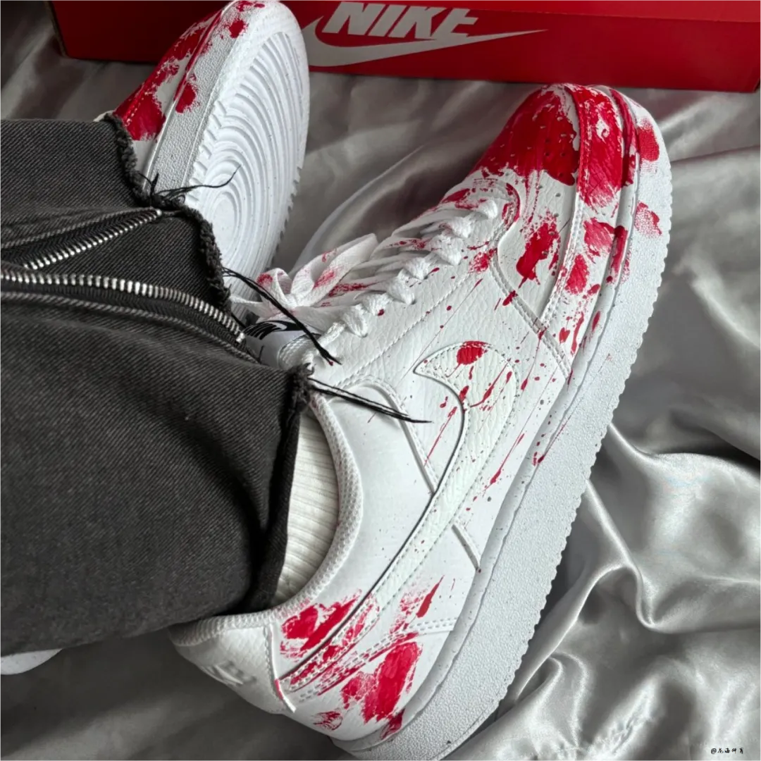 球鞋定制 Nike Court Vision 猩红之血泼墨涂鸦低帮男女情侣板鞋