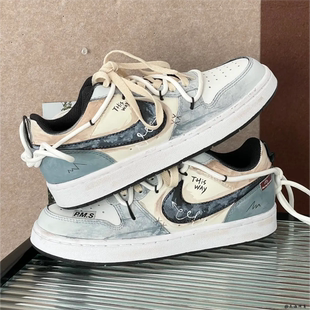 定制 手绘渐变涂鸦街头低帮男女百搭板鞋 Nike Vision Court 球鞋