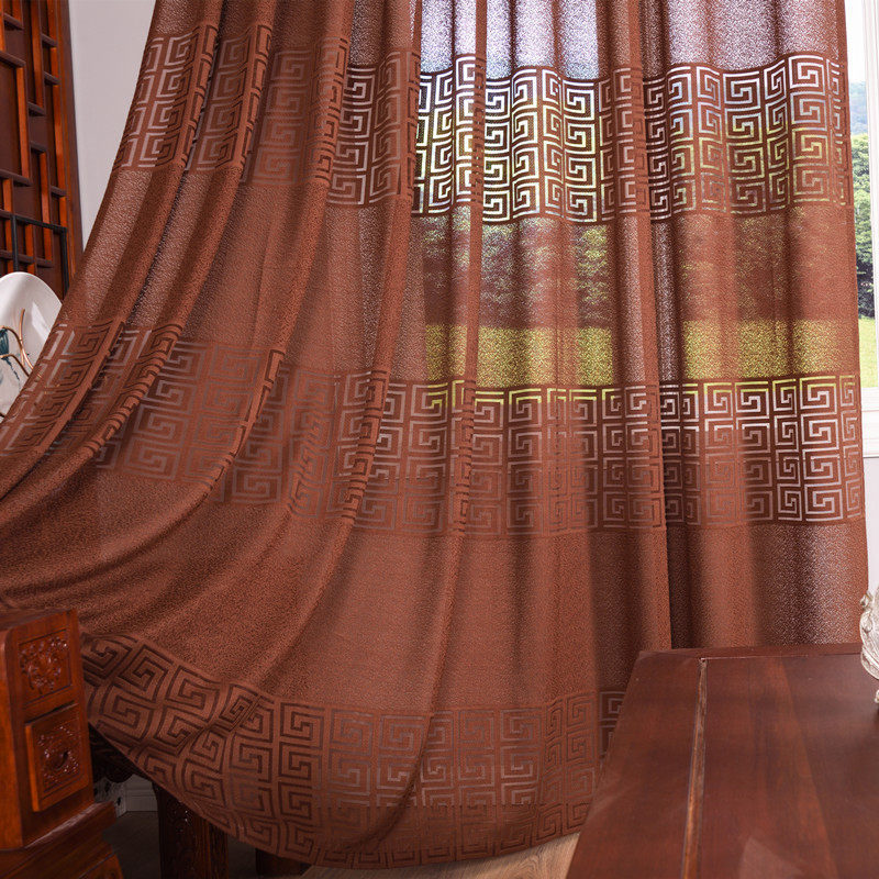 现代中式回纹深咖色厚窗纱客厅书房阳台餐厅飘窗古典纱帘定制包邮