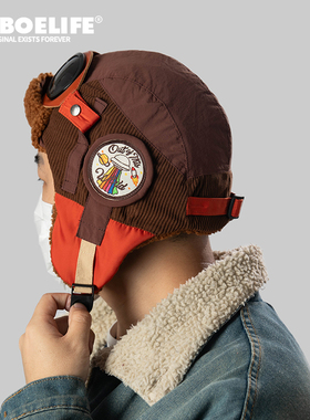 DABOE美式复古可拆卸撞色护耳飞行帽灯心绒保暖雷锋帽骑车防寒帽