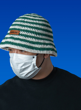 DABOE日系复古白绿条纹大头围显瘦毛线帽手工钩编出游百搭渔夫帽