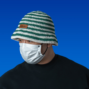 DABOE日系复古白绿条纹大头围显瘦毛线帽手工钩编出游百搭渔夫帽