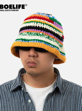 DABOE日系手工编织彩虹条纹毛线渔夫帽男女百搭大头遮阳防晒盆帽