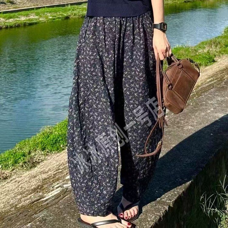 中老年女士宽松碎花棉麻哈伦裤休休闲裤