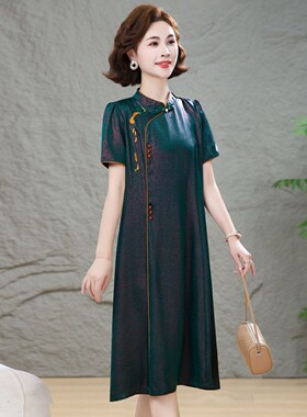 妈妈夏装仿连衣裙女2026新款中长款中老年女装旗袍领包臀裙子