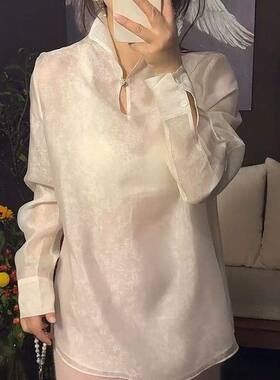 中老年女士春夏薄款宽松大码雪纺蕾丝衫优雅气质半高领长袖上衣