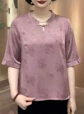 中老年女士绿色印花七分袖衬衫夏季薄款宽松上衣妈妈装大码时尚复