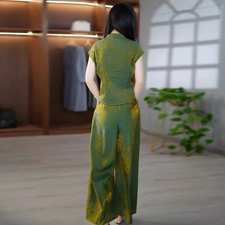 优雅复古风绿色中式无袖上衣搭配阔腿裤套装中老年大码女装两件套