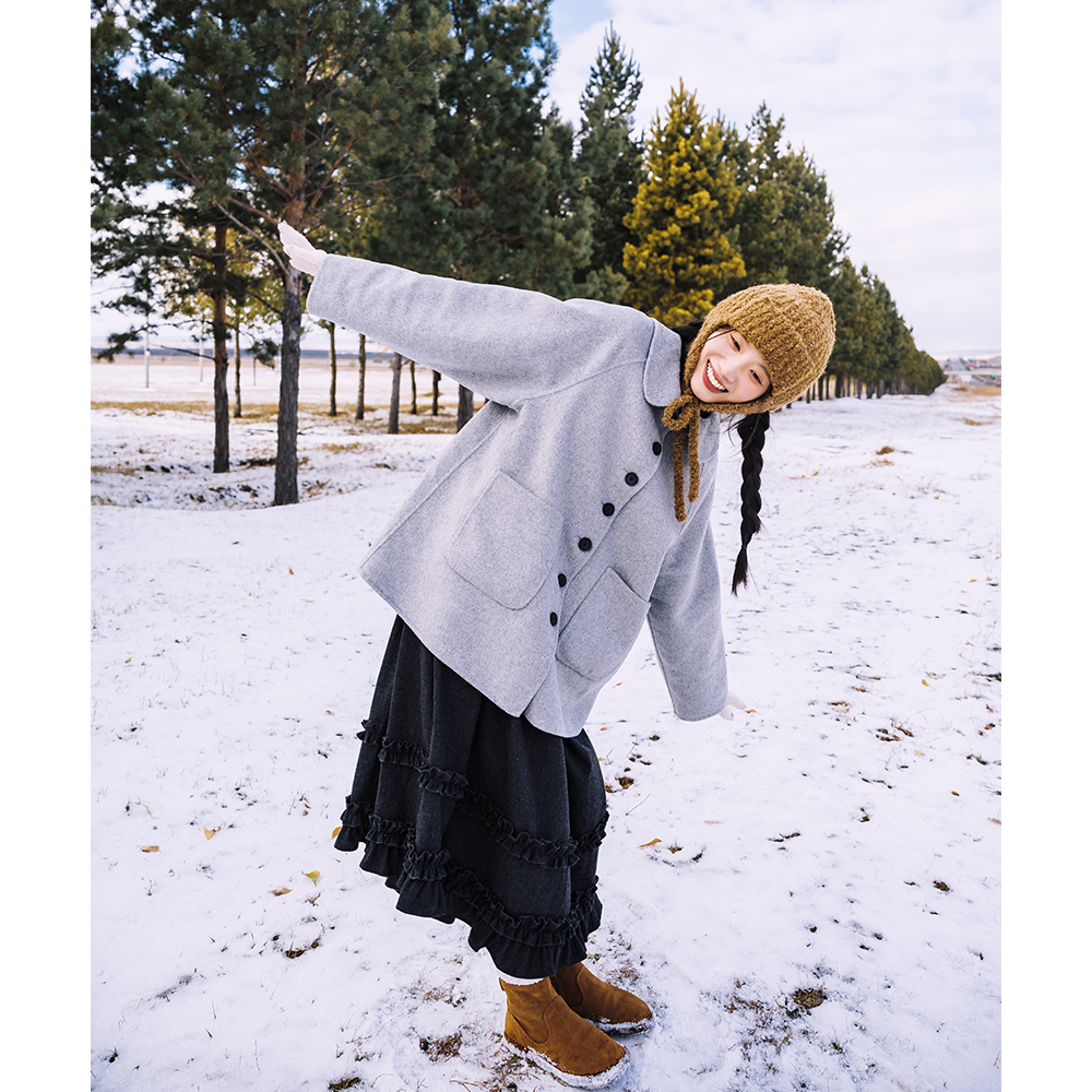 古苔秋冬bi备灰色双面羊毛大衣女