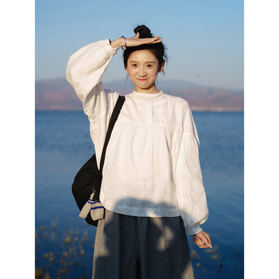 春天白色亚麻穿搭古苔日系上衣女