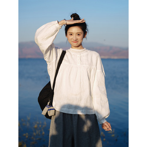 春天白色亚麻穿搭古苔日系上衣女