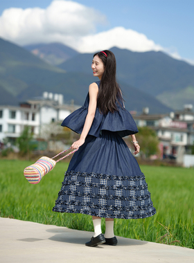 古苔 夏季牛仔半身裙 格子条纹拼接日系文艺感不费脑穿搭套装裙子
