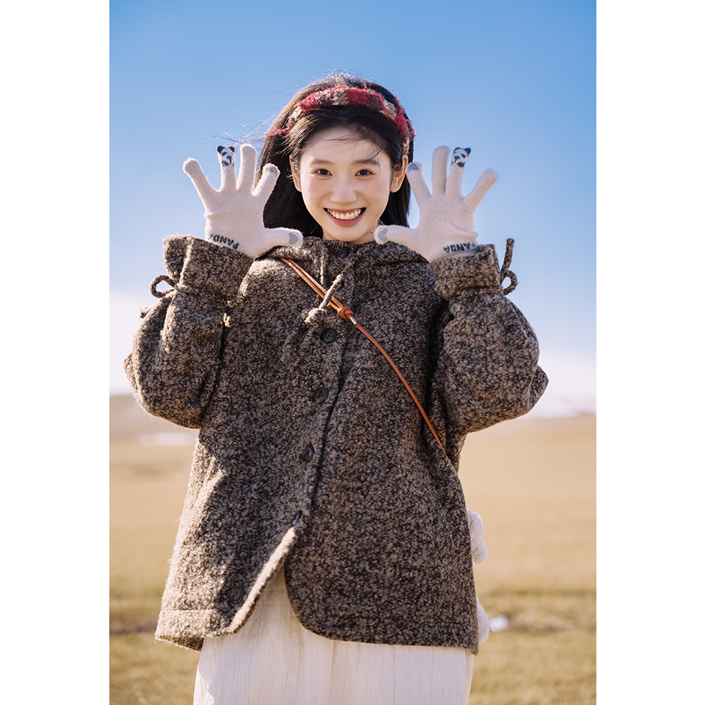 古苔圈圈羊毛连帽外套咖色文艺女