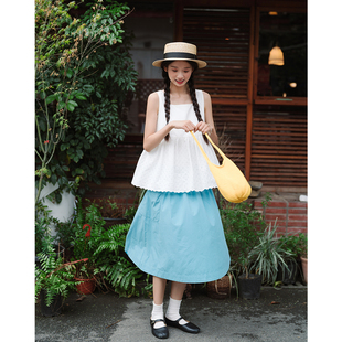 古苔 孔雀蓝绿色半身裙 小个子大摆伞裙 日系风夏季新品多巴胺裙