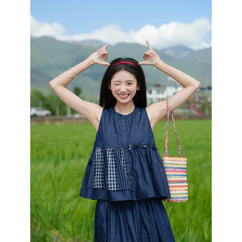 牛仔马甲古苔夏季单穿拼接娃娃衫