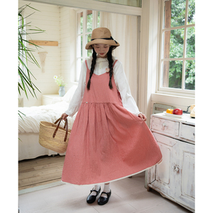 售完无补 古苔 浅春系 限量款 森系日系背心长裙 小粉格无袖 连衣裙