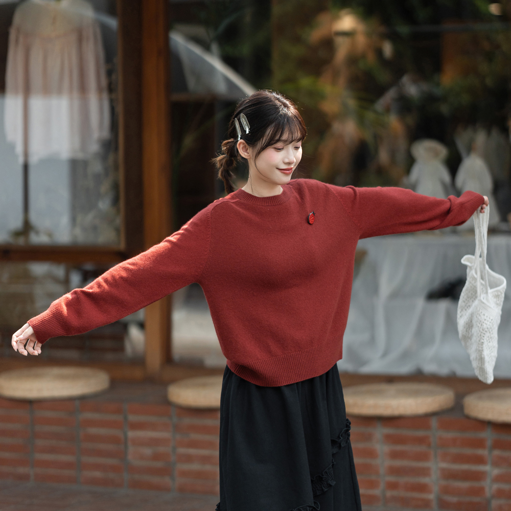 古苔圣诞节红色毛衣圆领针织衫女