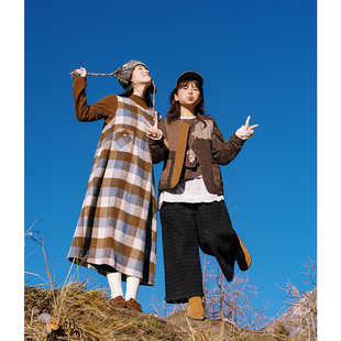 古苔 复古格子连衣裙 好爱背心裙叠穿秋冬文艺百搭蓝咖复古羊毛裙