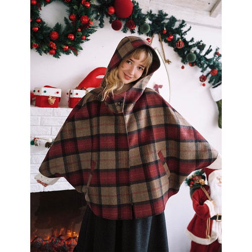 复古格子保暖披肩大衣