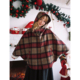 红色圣诞氛围斗篷大衣 70羊毛季 节限定复古格纹连帽外套女