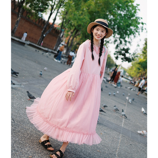 古苔 温柔柚子粉有点收腰重工质感连衣裙日森系女 蕾丝花边仙女裙