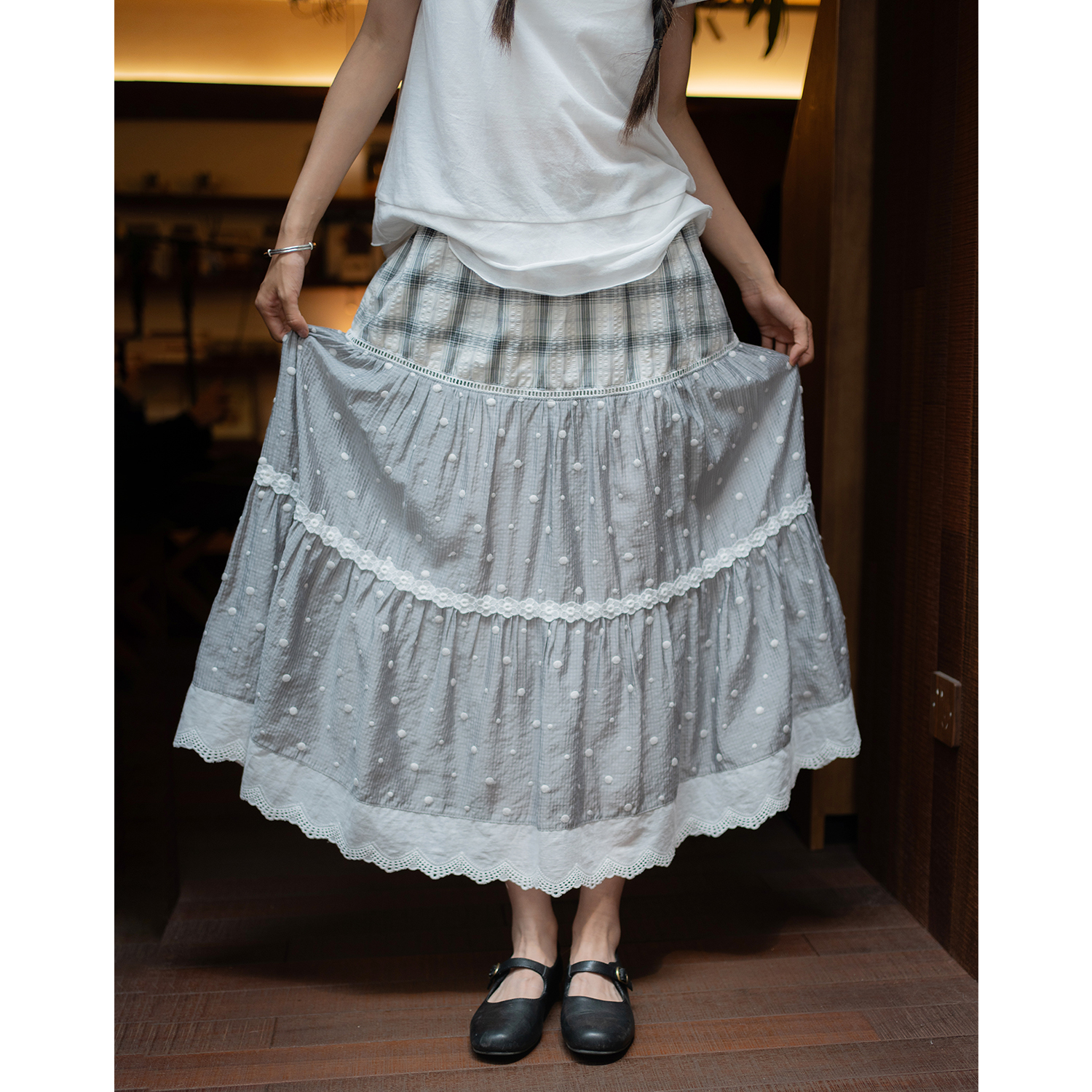 古苔黑灰色拼接半身裙貌美蛋糕裙