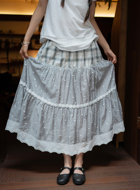 古苔 黑灰色拼接半身裙 甜甜貌美蛋糕裙日系风立体波点层次感裙子