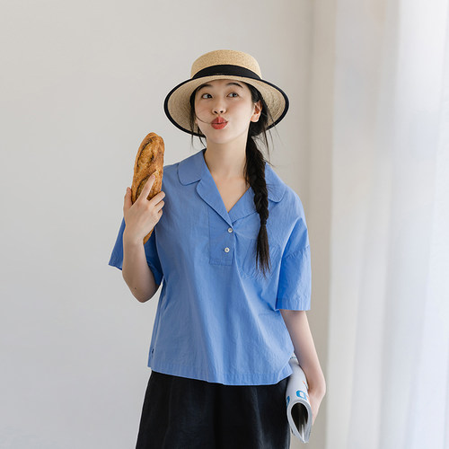 古苔法式古巴领衬衫夏季清新蓝