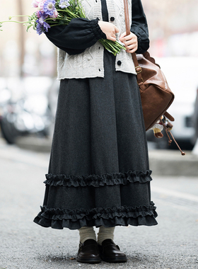 古苔「经典灰色呢料」花边半身裙 伞裙有垂感a字显瘦显高日系裙子