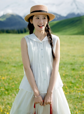 古苔 亚麻海军领日系衬衣 白色无袖清凉显瘦小个子夏季文艺上衣女