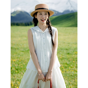 古苔 亚麻海军领日系衬衣 白色无袖清凉显瘦小个子夏季文艺上衣女
