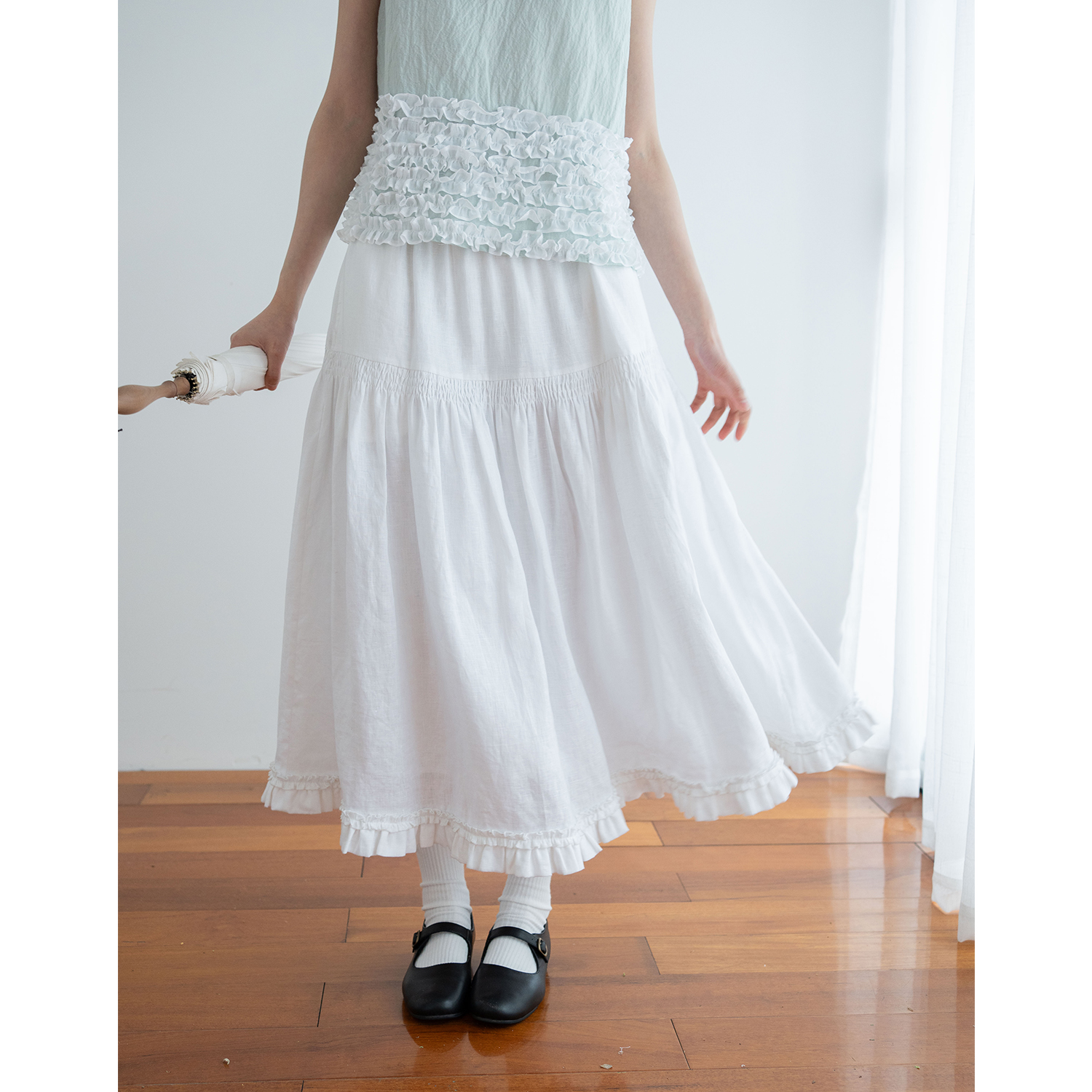 古苔胶片感木耳边半身裙亚麻显瘦