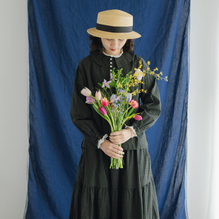 日系荷叶领电影感上衣早春 绿色格子衬衫 古苔「格子间里 春天」